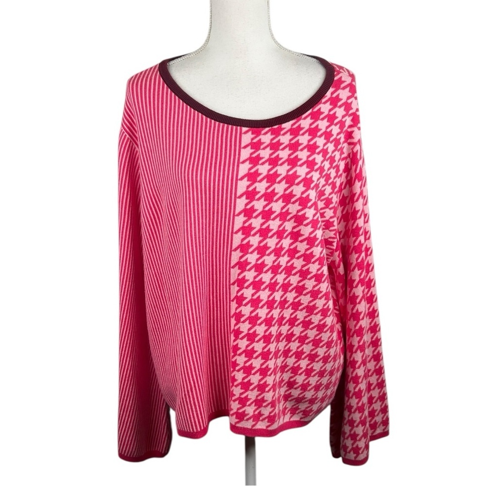 Dolan Pink Burgundy Stripe Houndstooth Cotton Blend Crewneck Sweater Size 2X